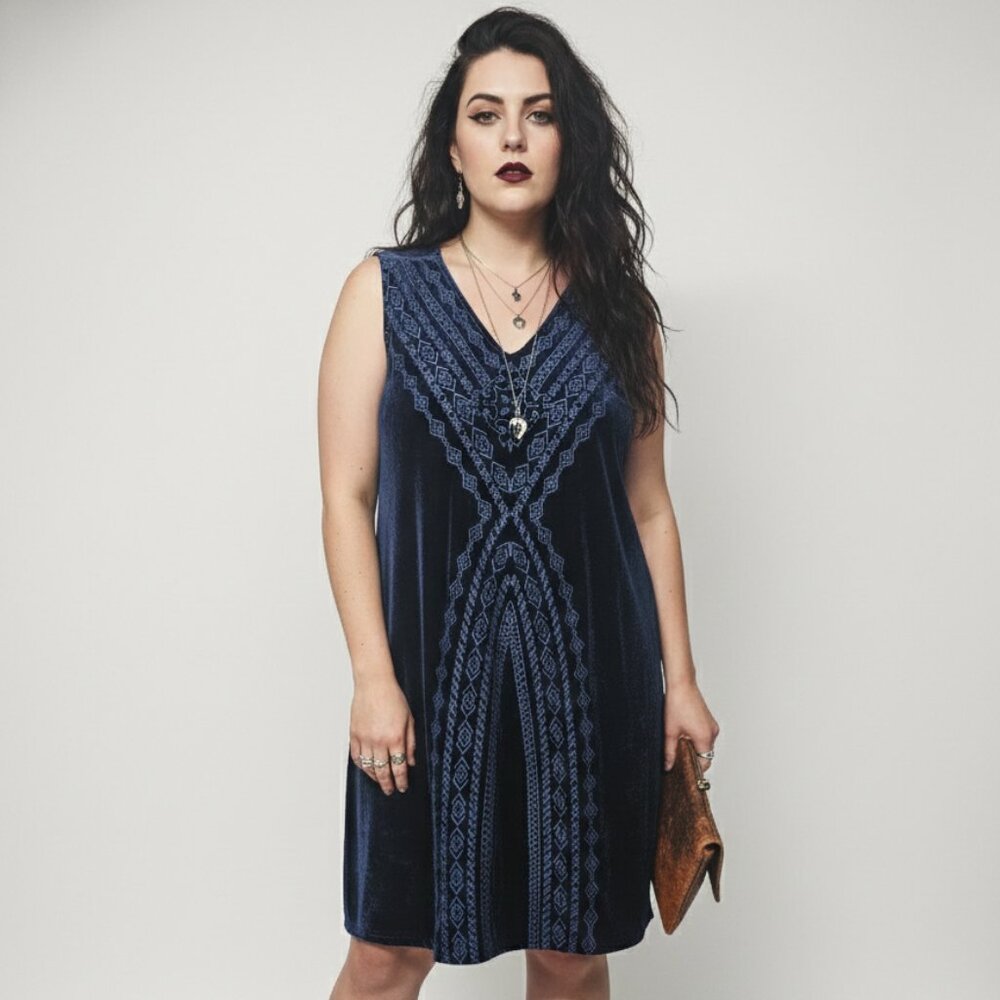 THML Dress Blue Velour Embroidered Goth Grunge Indie Sleeveless Shift 2X